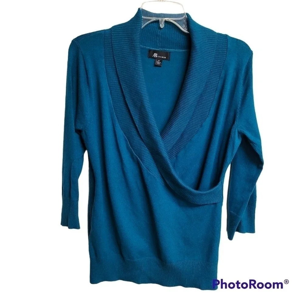 AB Studio Faux Wrap‎ V-neckline Blue-Green 3/4 Sleeve Knit Sweater Top Size M